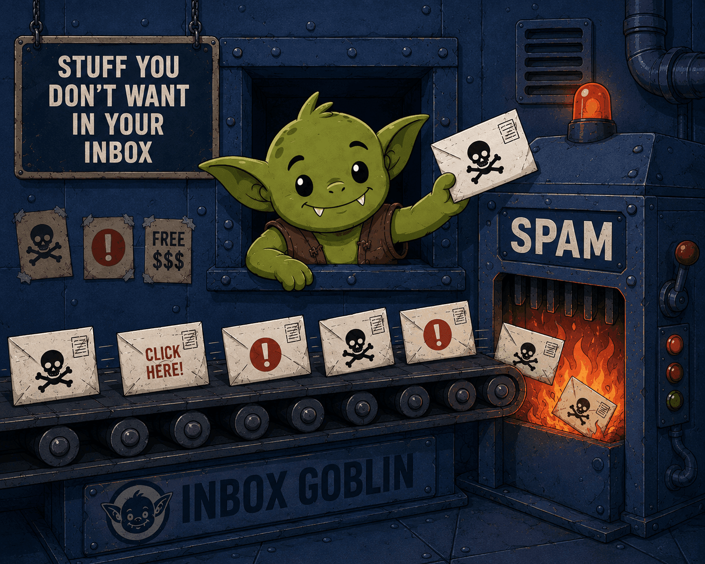 The Inbox Goblin feeding spam emails into a furnace labeled SPAM